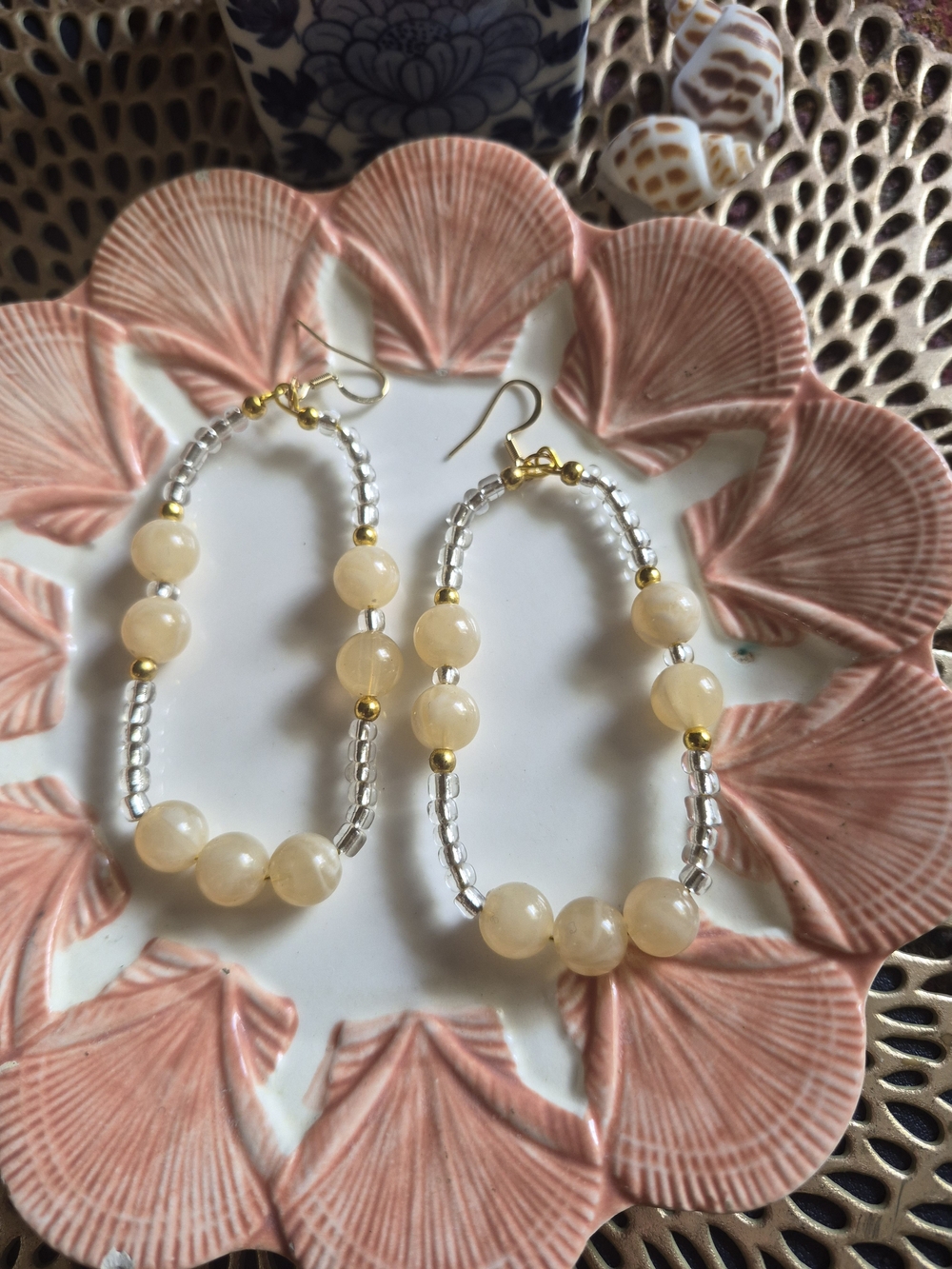 Cream Beaded Hoop Earrings with Gold Accents